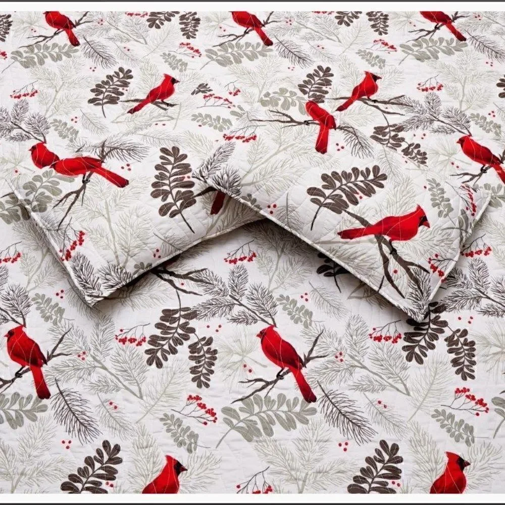 NEW! Red Cardinals Farmhouse Printed QUEEN Quilt Set with matching Tote Boho